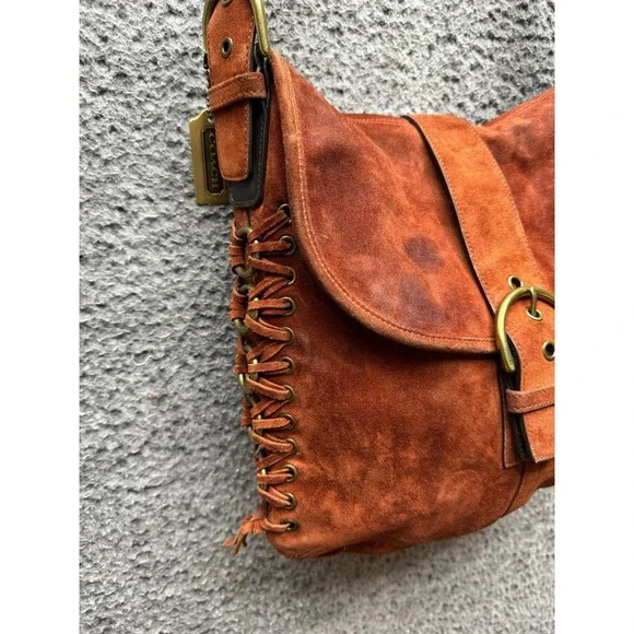 Vintage Coach Authentic Suede Braided Flap Shoulder Bag Rust Brown G3S-9486 - Picture 4 of 14